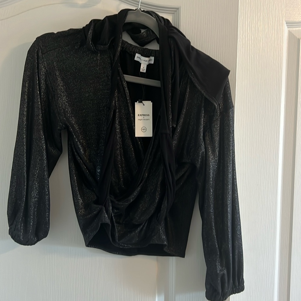 Express black shimmery wrap top; NWT; size small